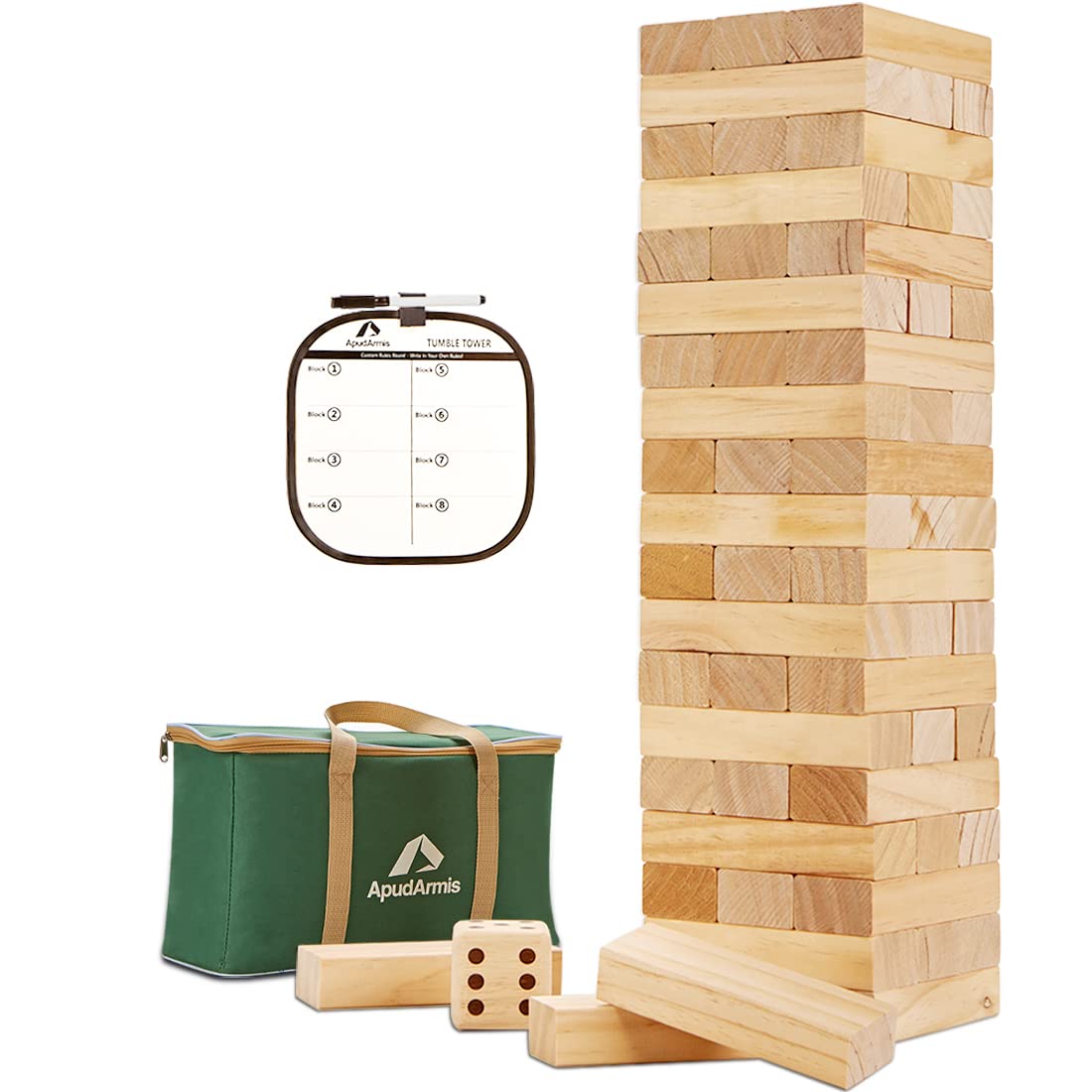 ApudArmis 60 PCS Giant Tumble Tower, (Stack up to 5Ft) Pine Wooden Stacking Timber Game with 1 Dice Set - Classic Block Giant Outdoor Game for Teens Adults Family