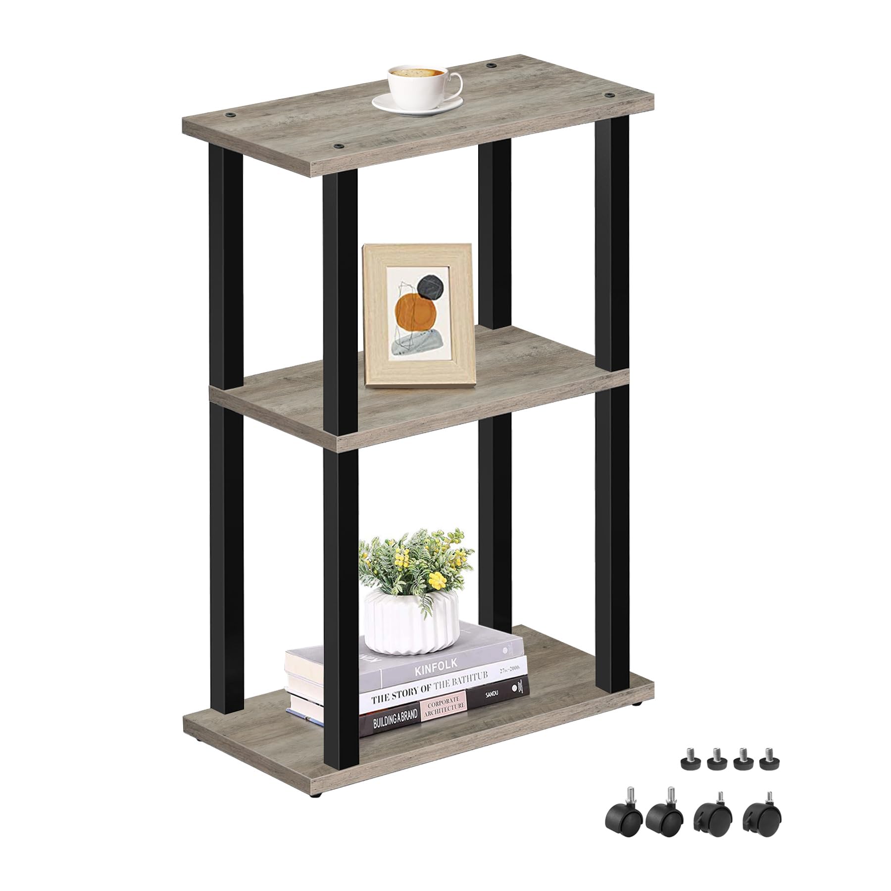 TUTOTAK Small Narrow Side Table with Charging Station, Skinny End Table for Small Spaces, Slim Nightstand with USB Ports and Outlet, Sofa Beside Table with Wheels, Brown TB01BB046