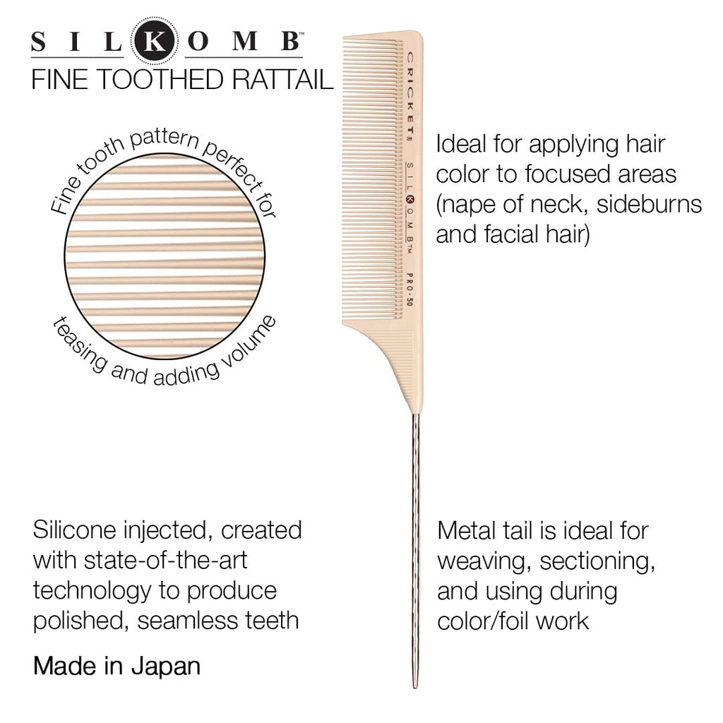 Cricket Silkomb Pro-50 Fine Tooth Rattail Comb for Hair – Precision Styling Tool with Seamless Teeth & Metal Tail for Sectioning, Weaving, and Smooth Detangling, Ideal for Professional Use