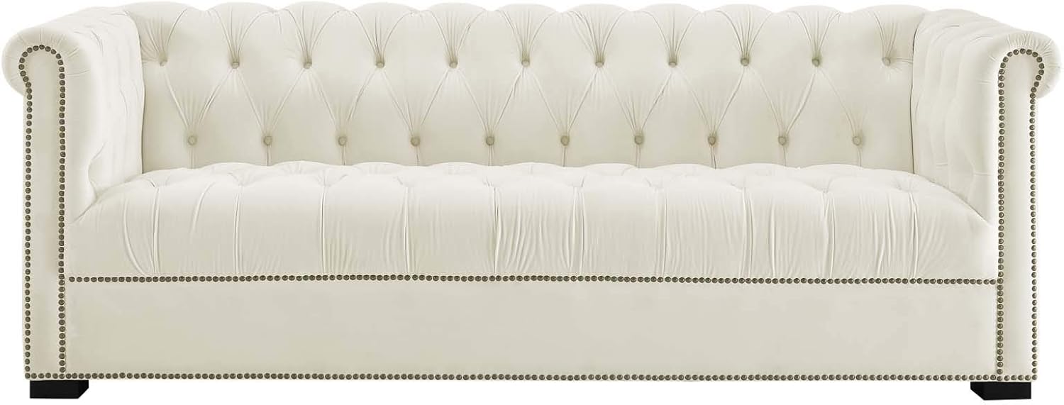Modway Heritage Tufted Performance Velvet Upholstered Chesterfield Sofa with Nailhead Trim in Ivory