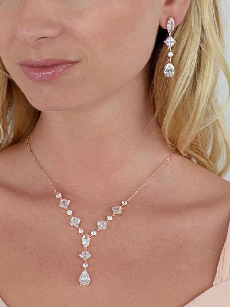 Mariell Rose Gold Cubic Zirconia Necklace & Earrings Bridal Jewelry Set, CZ Crystal Statement Necklace Set for Weddings, Formal Events, Mother of The Bride
