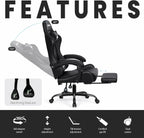 N-GEN GAMING Video Gaming Chair with Footrest Lumbar Support for Home Office High Back Recliner Height Adjustable Ergonomic Comfy Leather Computer Desk Chair (Black)