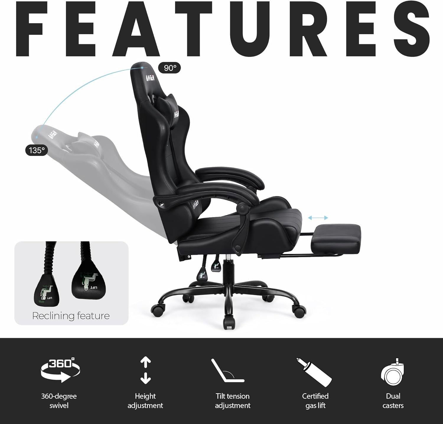 N-GEN GAMING Video Gaming Chair with Footrest Lumbar Support for Home Office High Back Recliner Height Adjustable Ergonomic Comfy Leather Computer Desk Chair (Black)