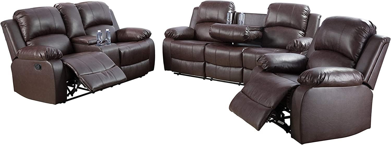 Bonded Leather Living Room Furniture Set Reclining Sofa Set Loveseat Furniture Sets in Living Room Sofa Recliners (3 Pieces, Brown)
