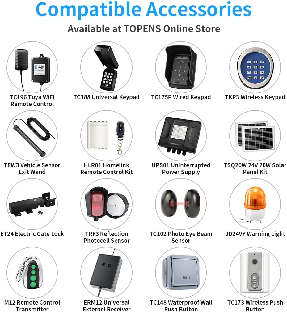 TOPENS AD8S Automatic Solar Gate Opener for Heavy Duty Dual Swing Gates Up to 18ft per Arm, Dual Swing Gate Operator Battery Powered with Remote Control Kit Gate Motor Solar Panel Included