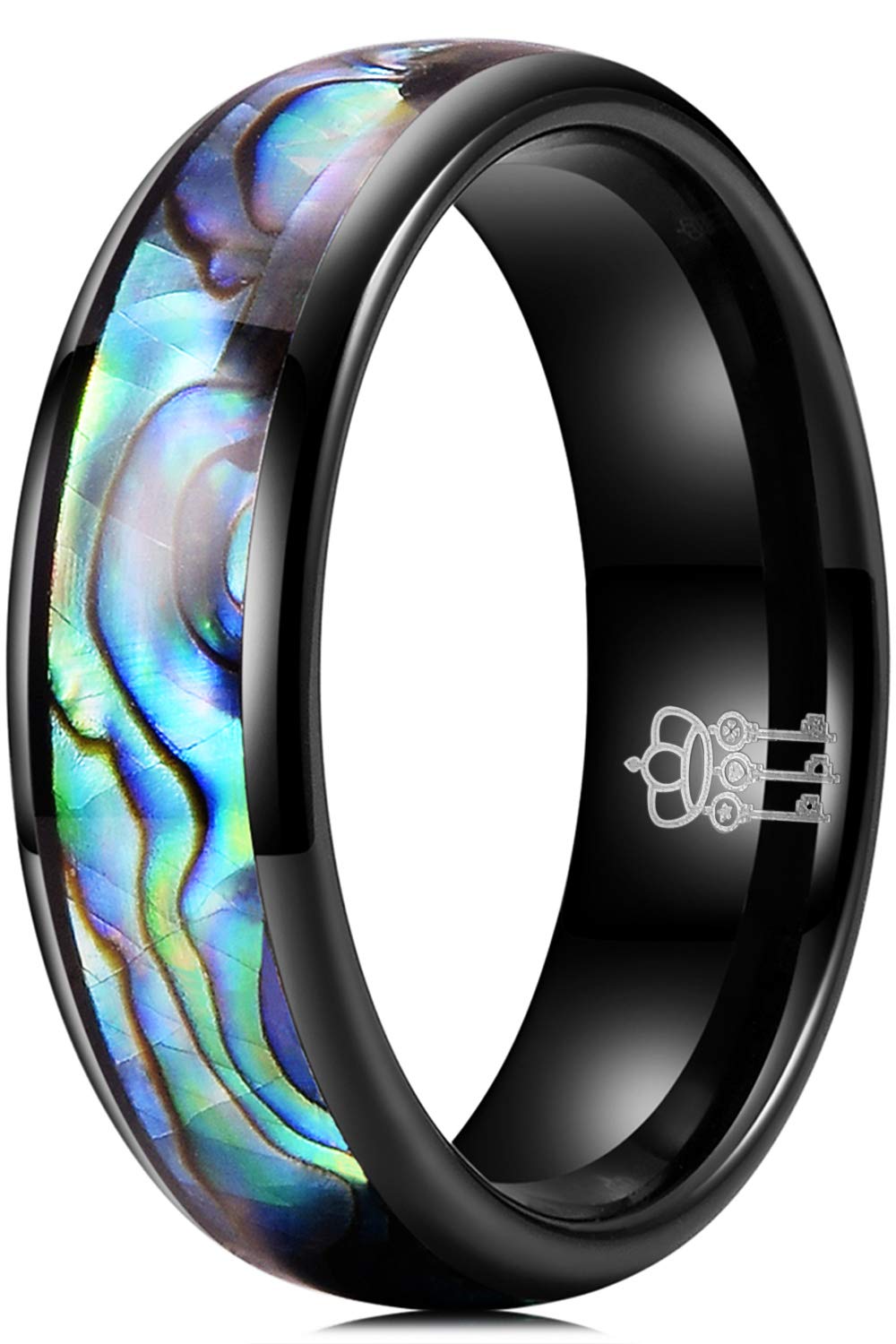 THREE KEYS JEWELRY Abalone Shell Inlay Tungsten Rings 4mm 6mm 8mm Womens Mens Silver Wedding Band/Customized Ring