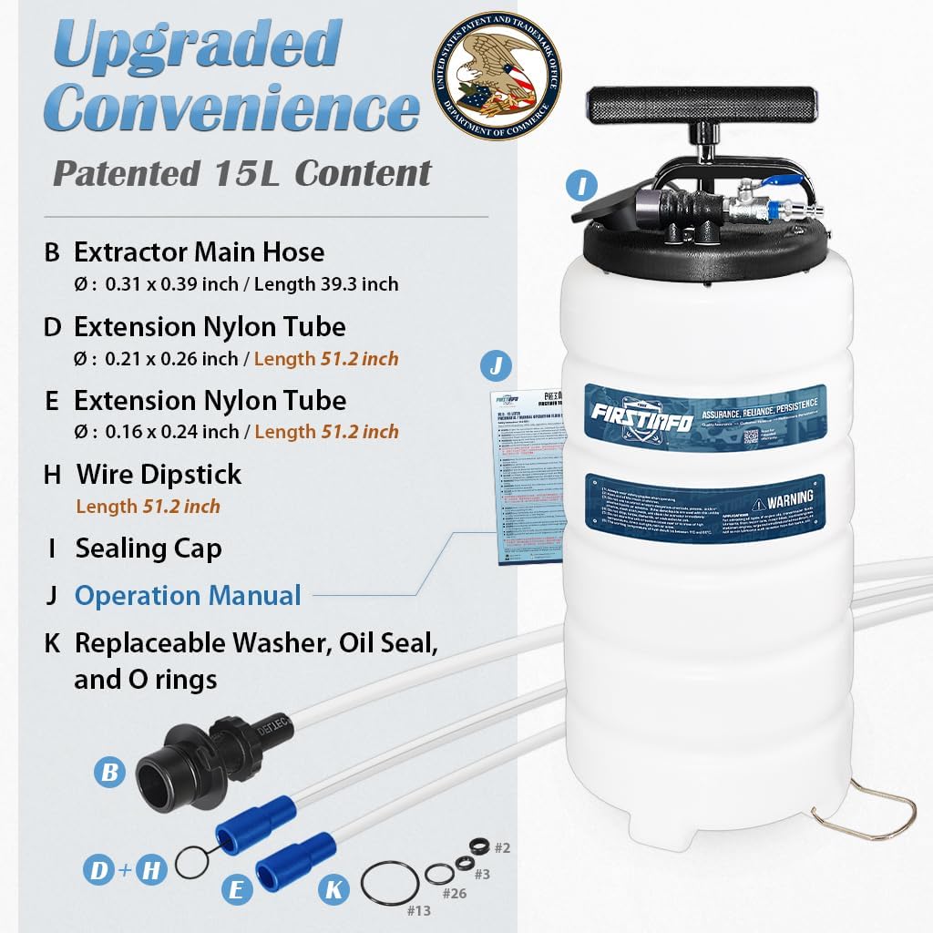FIRSTINFO A1106USY3 Patented 15L / 3.9 Gallon Pneumatic/Manual Oil Vacuum Extractor | Oil Change Pump | 47 Inch Tube | Taiwan
