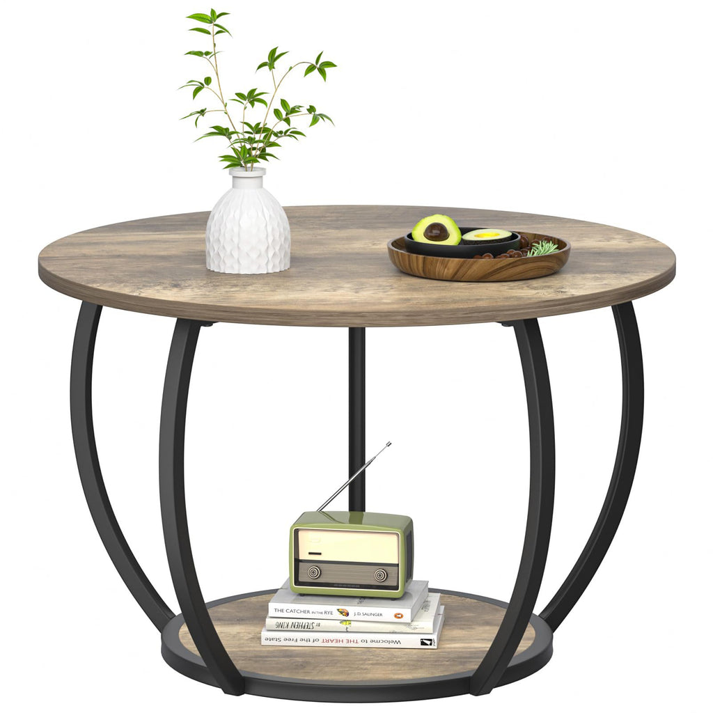 GreenForest Round Coffee Table with Storage, 27.6 inch Small Living Room Tables with Adjustable Feet, 2-Tier Farmhouse Center Table for Home Office, Marble