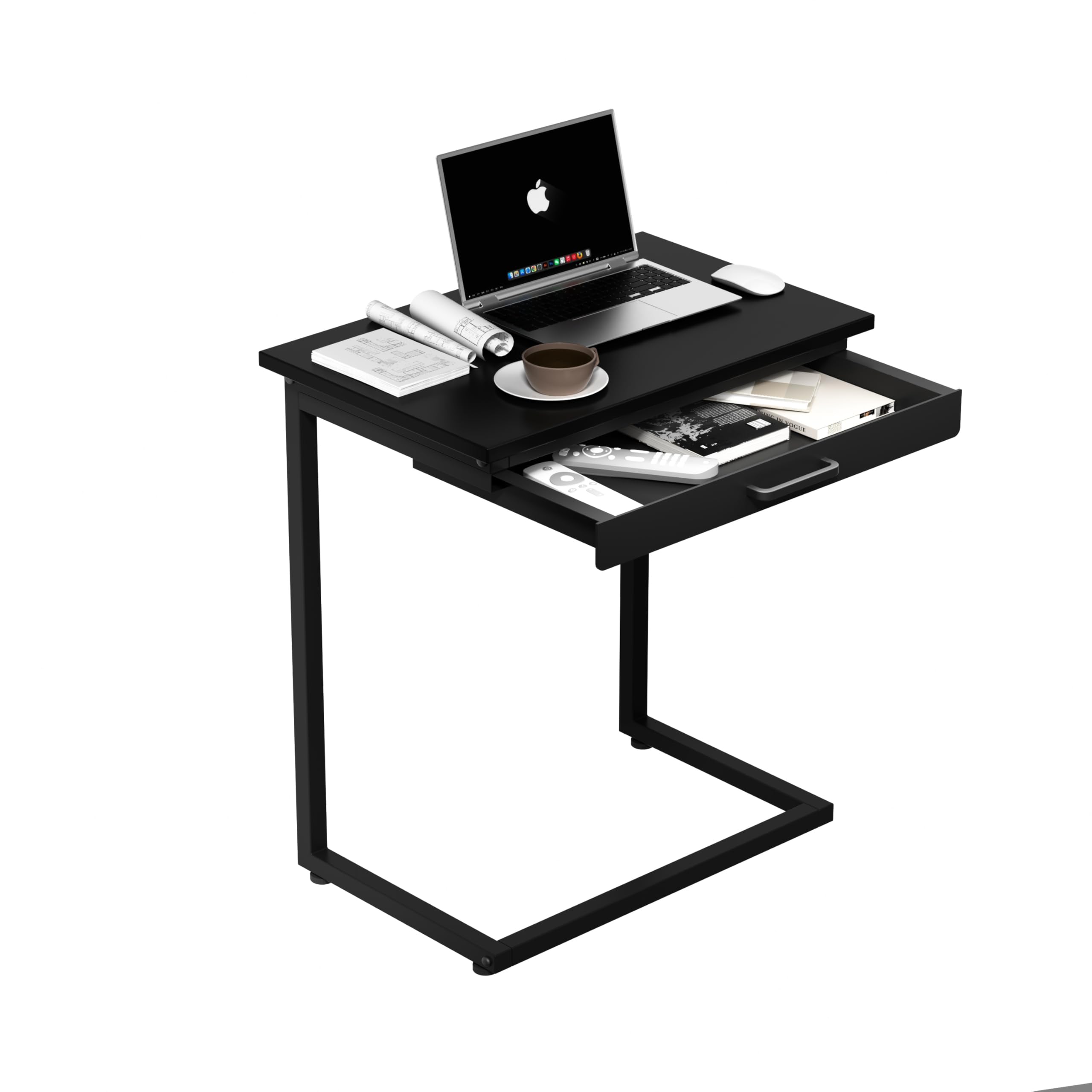 C Shaped End Table,Small Couch Side Table with Drawer,for Living Room, Bedroom Magazines, Computers, Coffee, Small Objects Storage.White