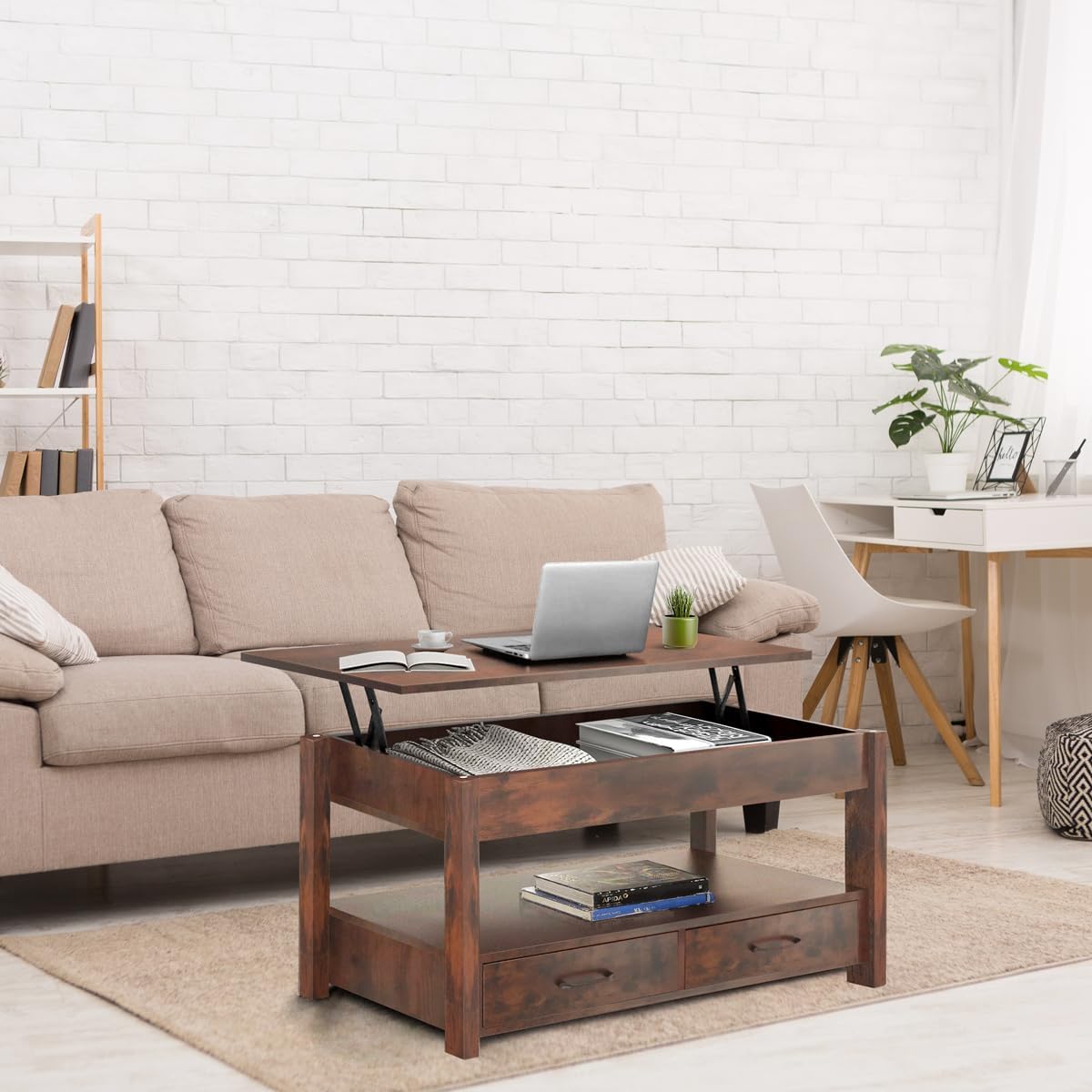 Lift Top Coffee Table with Hidden Compartment & 2 Storage Shelves - Living Room Dining Table with Rising Tabletop Lifttop Desk for Apartment, Home, Condo - Rustic Brown