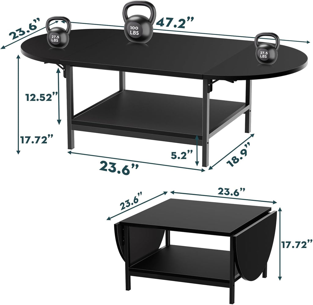 SAYGOER Black Coffee Table Modern Extended Coffee Tables with Storage for Living Room 2-Tier Unique Center Table with Two Folding Panel for Any Large or Small Space,Foldable, All Black