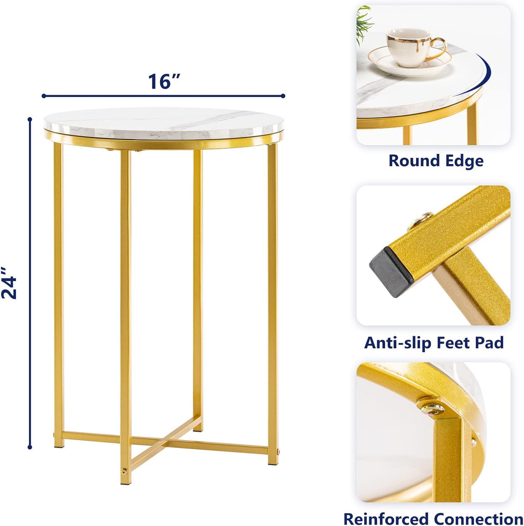 TECHMILLY Round End Table, Faux Marble Sofa Table, Accent Side Table with Metal Frame, Modern Gold Nightstand, Tall Coffee Table for Living Room, Bedroom
