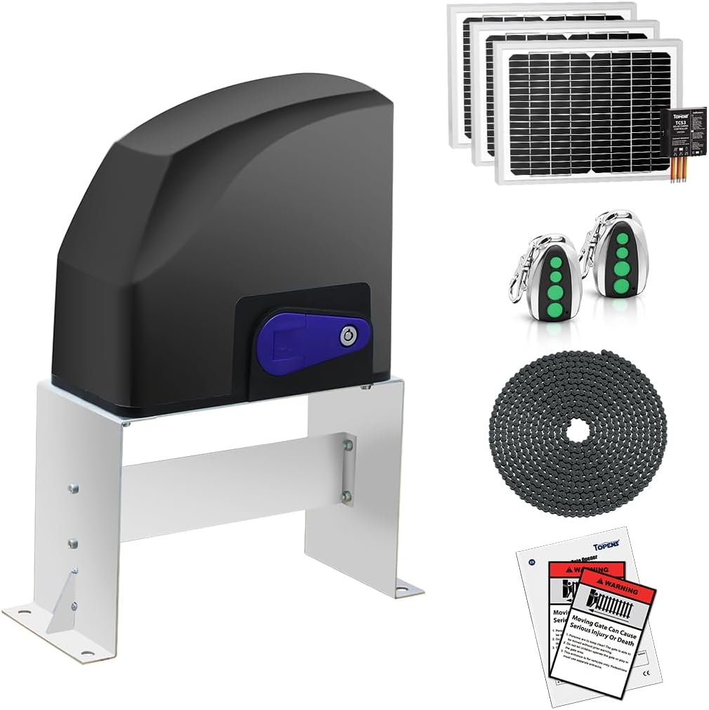 TOPENS DKC500S Solar Sliding Gate Opener Chain Drive Automatic Gate Motor for Heavy Driveway Slide Gates Up to 1300 Pounds, Electric Gate Operator Battery Powered with Solar Panel Remote Control Kit