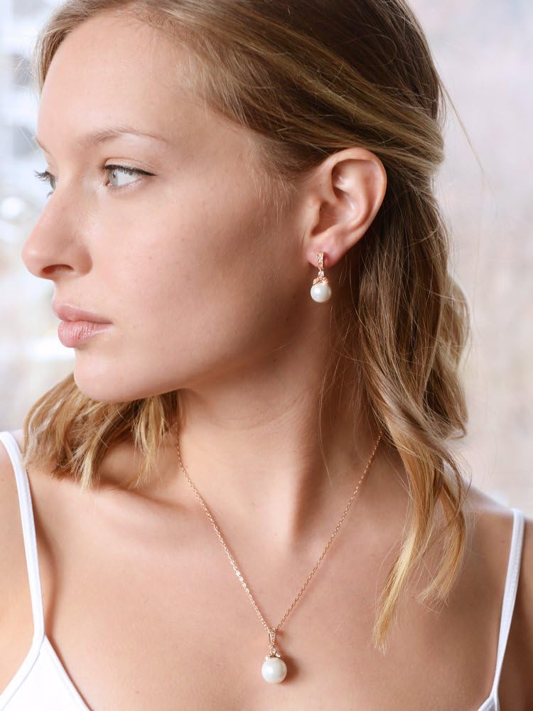 Mariell Pearl Drop Bridal Necklace Earrings Set with CZ Crystals for Bride, Bridesmaid, Birthday Gift