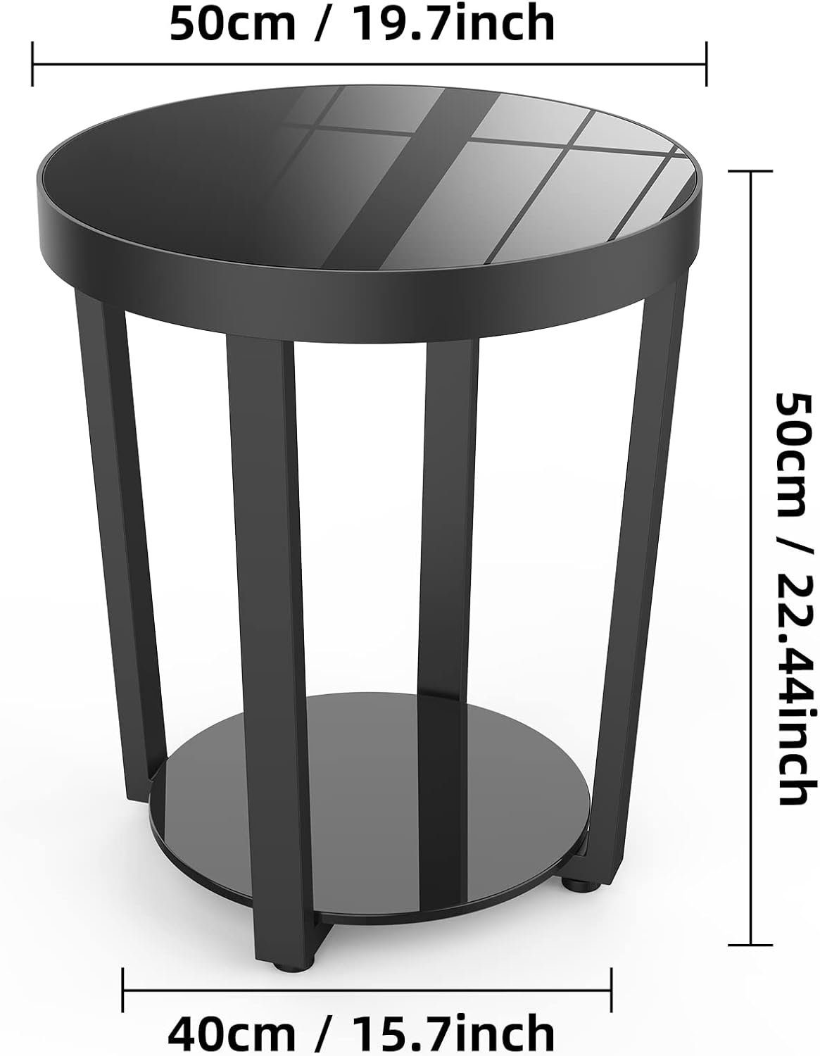 Round End Table, Tempered Glass End Table with Metal Frame, Small Coffee Table, Black Sofa Side Table for Living Room, Balcony, Bedroom