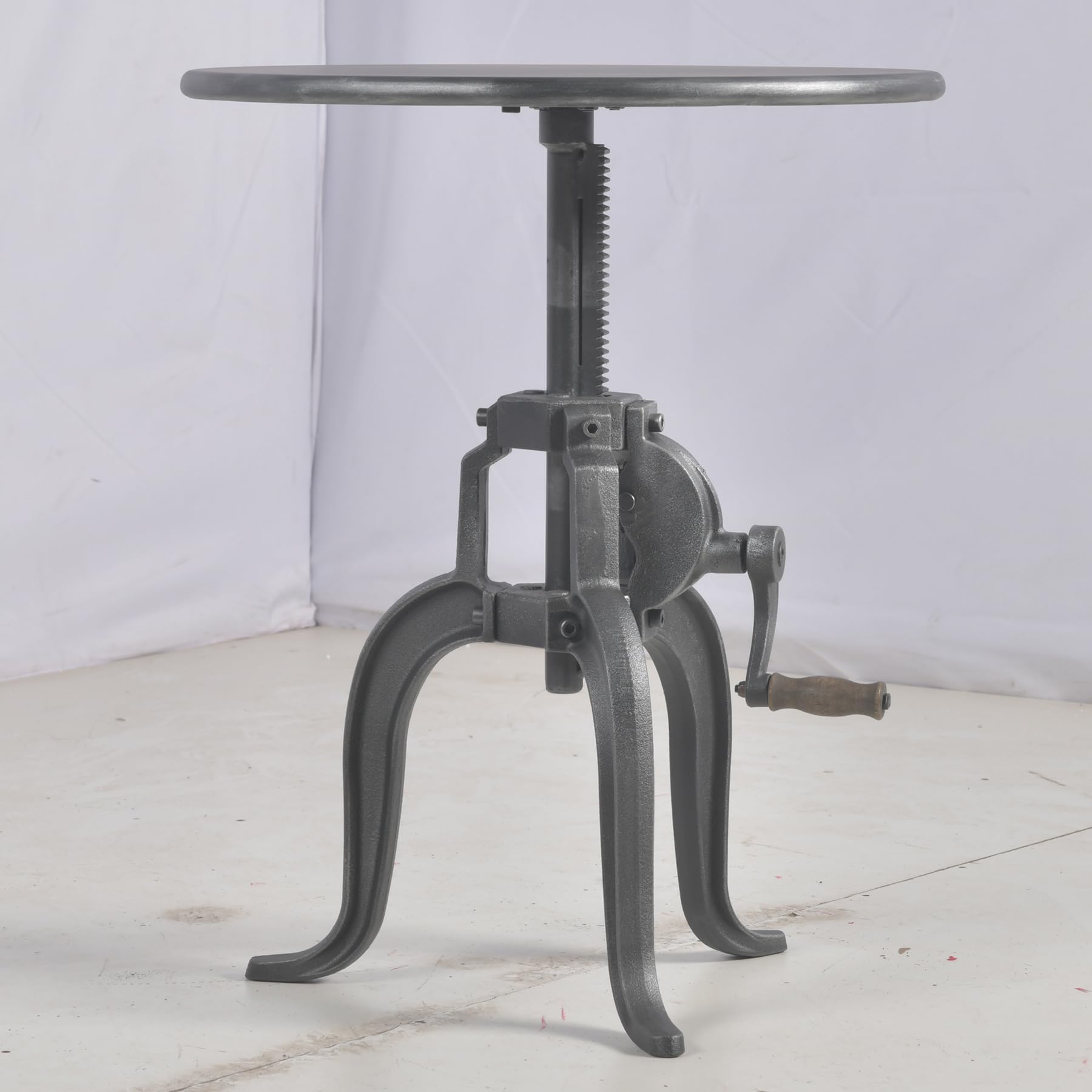 Vintage Industrial Crank Table with Mechanical Inspired Hand - Accent Side Coffee End Table for Home, Café, Bistro, Pub, Bar or Dining, Round Swivel Metal Top, 19.7"-25.6" Easily Adjustable, Black