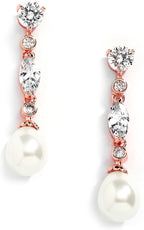 Mariell Rose Gold Pearl Bridal Earrings with Cubic Zirconia Crystals, 1 ¾" Long Dangle Wedding Earring for Brides, Homecoming, Mother of the Bride