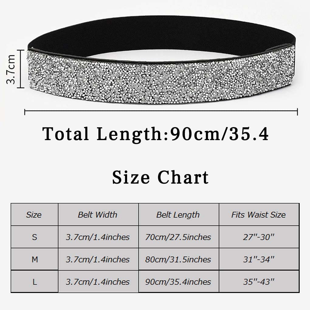 Bounzhi Women Belt Rhinestone Stretch Dresses Belts Elastic Vintage Waist Belt for Women (Silver, L(35"-43"))