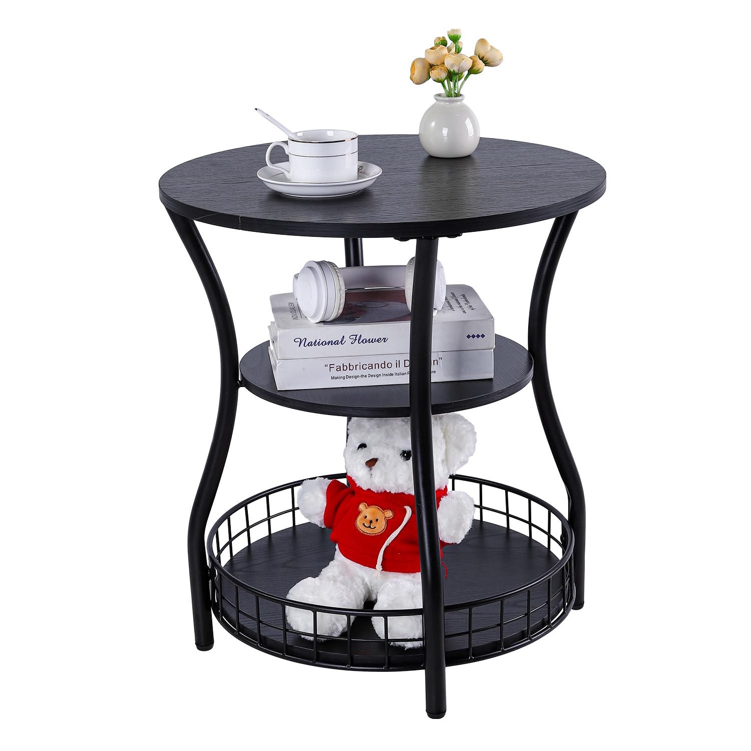 Small Side Table Round End Table with Storage Shelf Basket, 3-Tier Accent Corner Sofa Couch Side Tables Coffee Drink Table for Small Spaces,Round Nightstand for Living Room, Bedroom, Greige