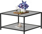 SAYGOER Modern Coffee Table Small Glass Coffee Table with Storage 2-Tier Simple Square Center Table for Living Room Home Office Sofa Table with Metal Frame 26.7 x 26.7 x 17.7 Inches, Gray Black