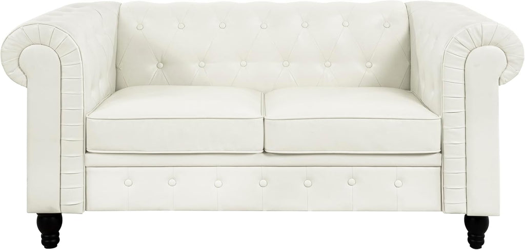 Emery Chesterfield 3 Piece Living Room Sectional Sofa Set Rolled Arms, Tufted Cushion Sofas for Living Room Set Includes Sofa, Loveseat Couch, Accent Arm Chair / Easy Tool-Free Assembly – Off White