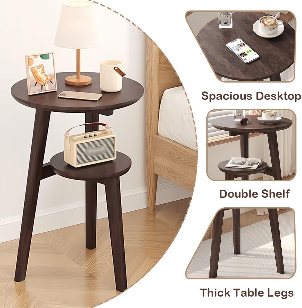 Solid Wood Round Side Table with 2 Open Shelves – Decorative Nightstand & Coffee Table for Bedroom, Living Room, or Study(Brown)