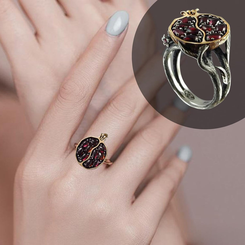 Garnet Ring, Tree Vine Black Gold Statement Ring Ruby Engagement Rings for Wife Girlfriend, Pomegranate Shaped Birthstone Ring Silver Ring Jewelry Gift for Women, Handmade Anniversary Ring