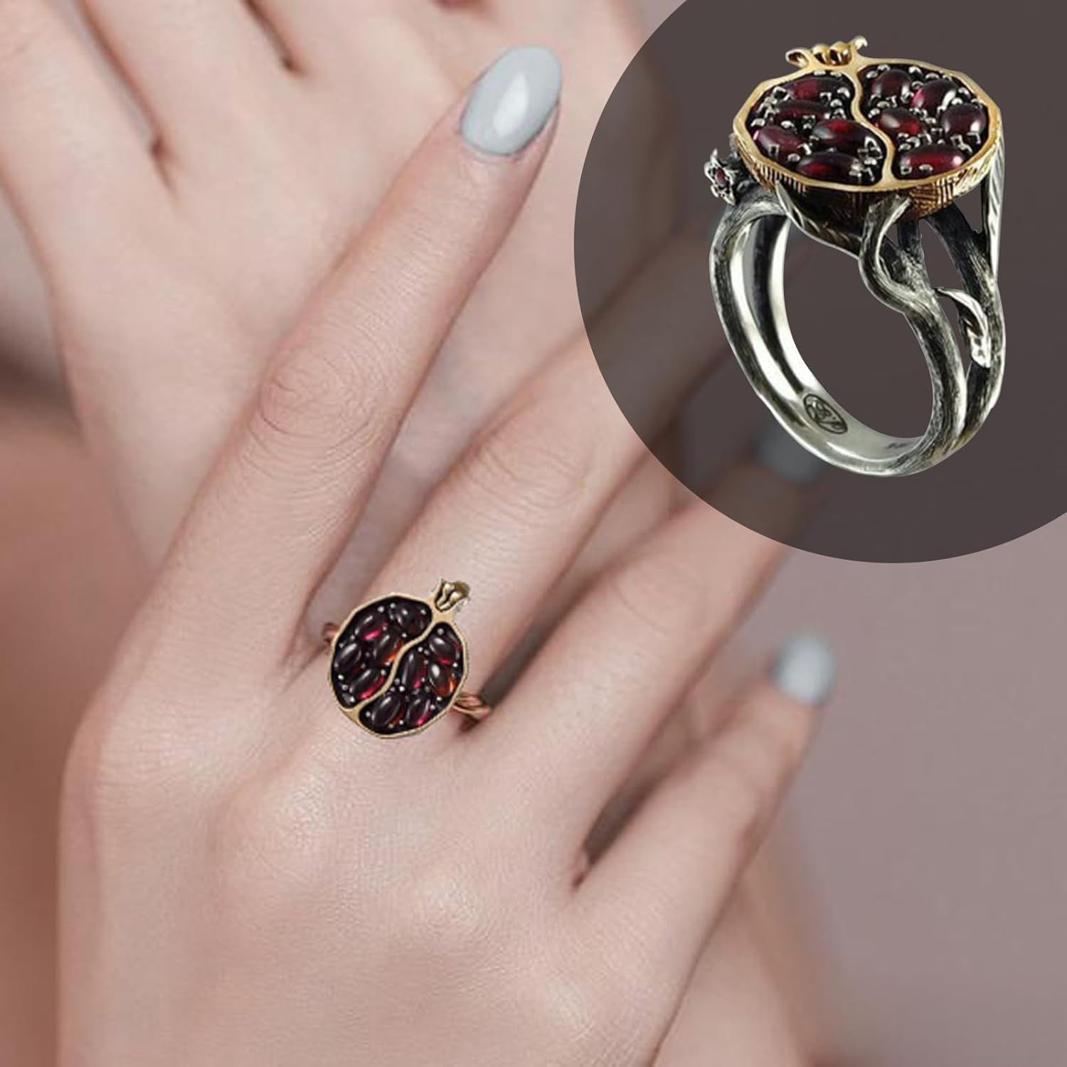 Garnet Ring, Tree Vine Black Gold Statement Ring Ruby Engagement Rings for Wife Girlfriend, Pomegranate Shaped Birthstone Ring Silver Ring Jewelry Gift for Women, Handmade Anniversary Ring