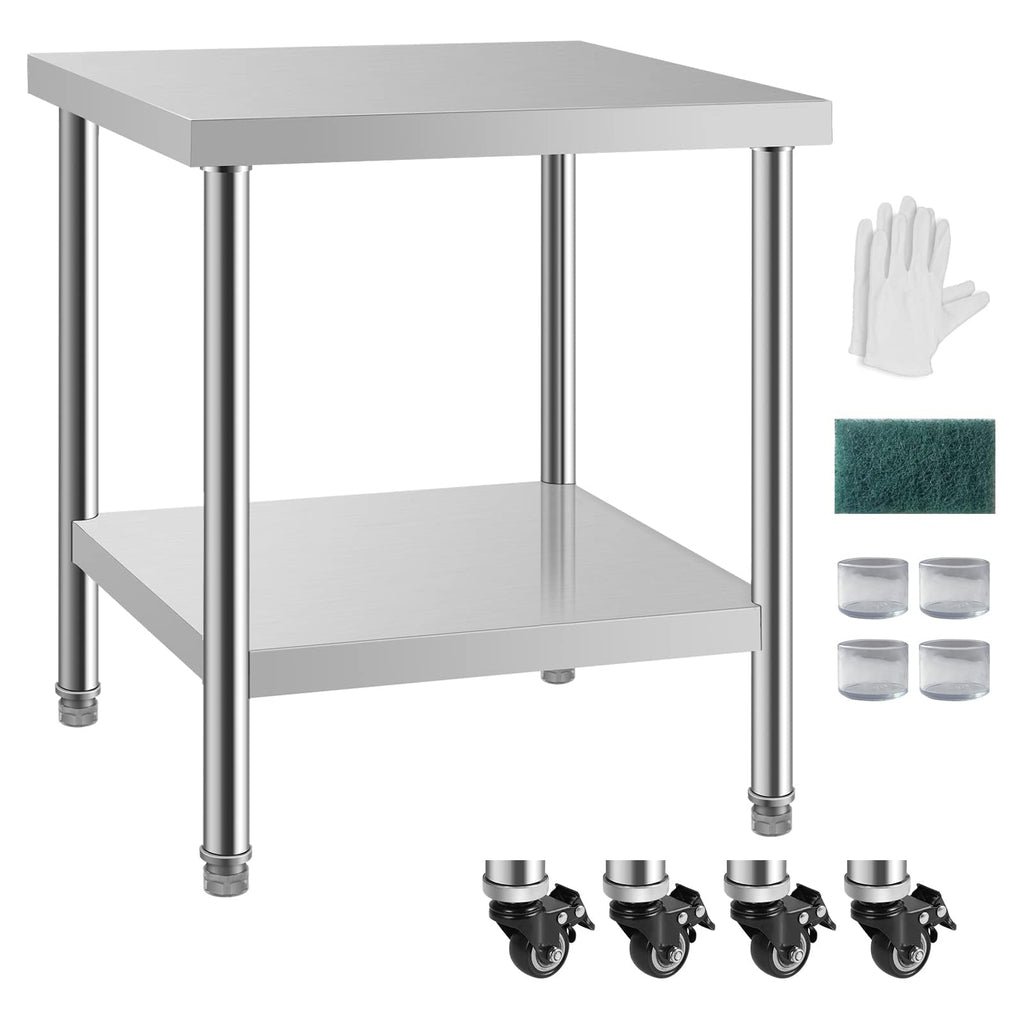 NSF 24x24 Inches Stainless Steel Table for Prep & Work with Caster, Metal Commercial Kitchen Table with Under Shelf and AdjustableTable Foot for Restaurant, Hotel, Home Kitchen, Coffee Station