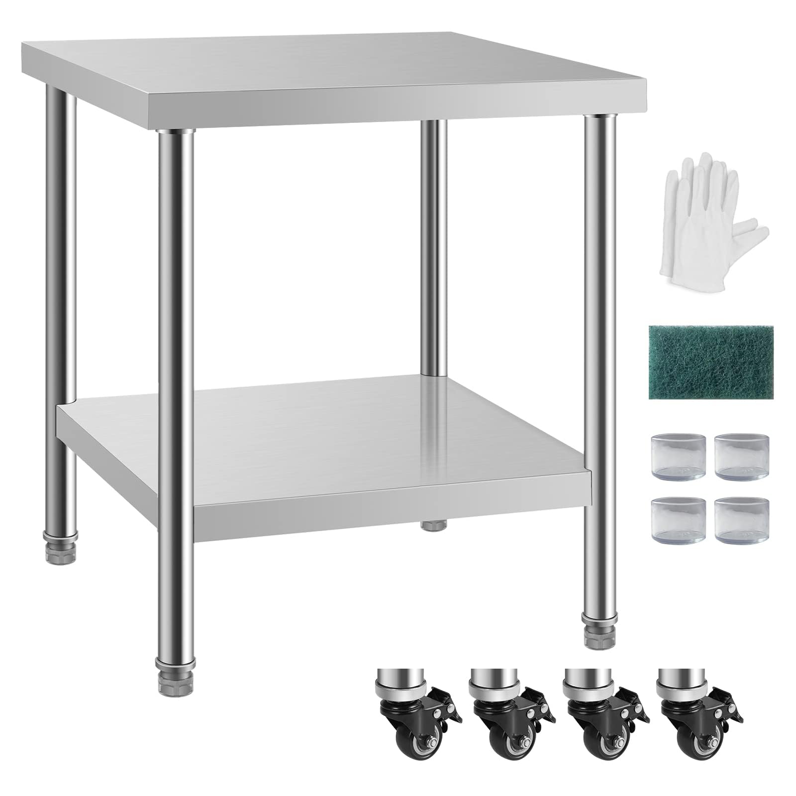 NSF 24x24 Inches Stainless Steel Table for Prep & Work with Caster, Metal Commercial Kitchen Table with Under Shelf and AdjustableTable Foot for Restaurant, Hotel, Home Kitchen, Coffee Station