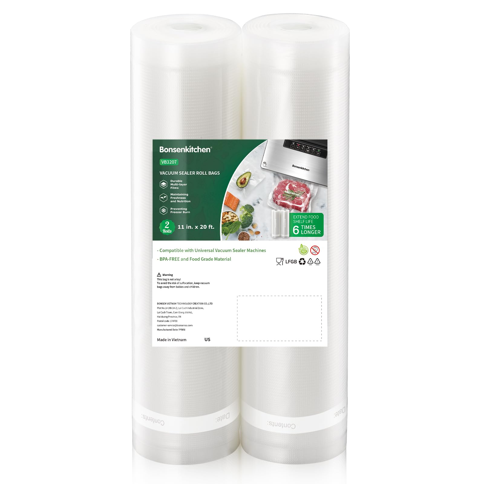 Bonsenkitchen Vacuum Sealer Rolls Bags, 6 Pack 3 Rolls 11" x 20' + 3 Rolls 8" x 20' Commercial Grade BPA Free Bag Rolls, Durable Customized Size Food Vac Bags for Storage and Sous Vide Cooking VB3211