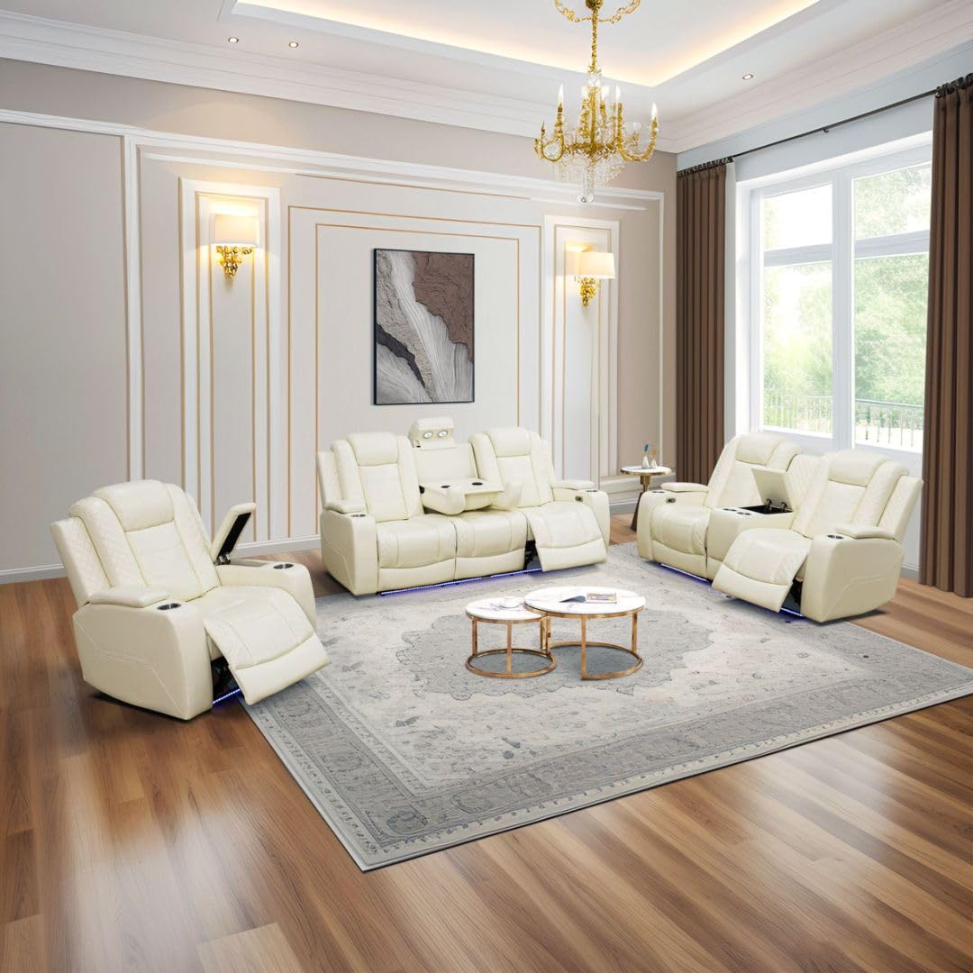 Power Recliner Sofa Set With LED, Leather Furniture Reclining Couch With USB Port/Storage/Cup Holder for Living Room Office Home (Sofa+Loveseat+Chair, Black)