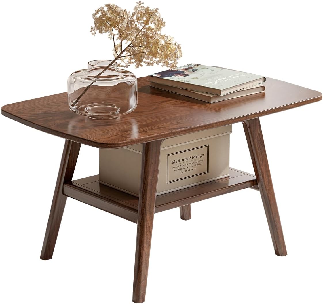 100% Solid Oak Wood Coffee Table for Living Room, 2-Tier Small Table with Storage Shelf, Mid Century Modern Coffee Tables (Walnut, 31.49" x 19.68" x 17.32")