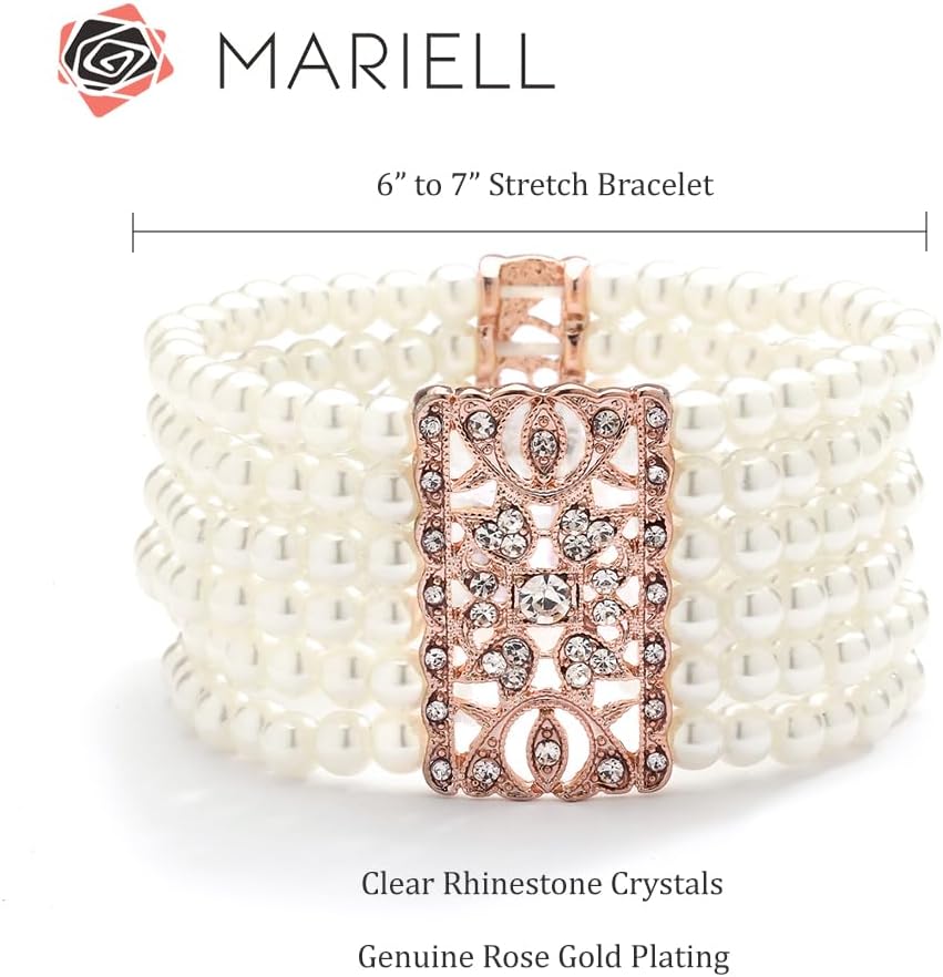 Mariell Ivory Pearl and Rose Gold Crystal Stretch Cuff Bracelet, Medium Size 6" to 7" Fits Most Wrists, Simulated Pearls,Vintage Design Bracelet for Brides, Weddings, Mother of The Bride