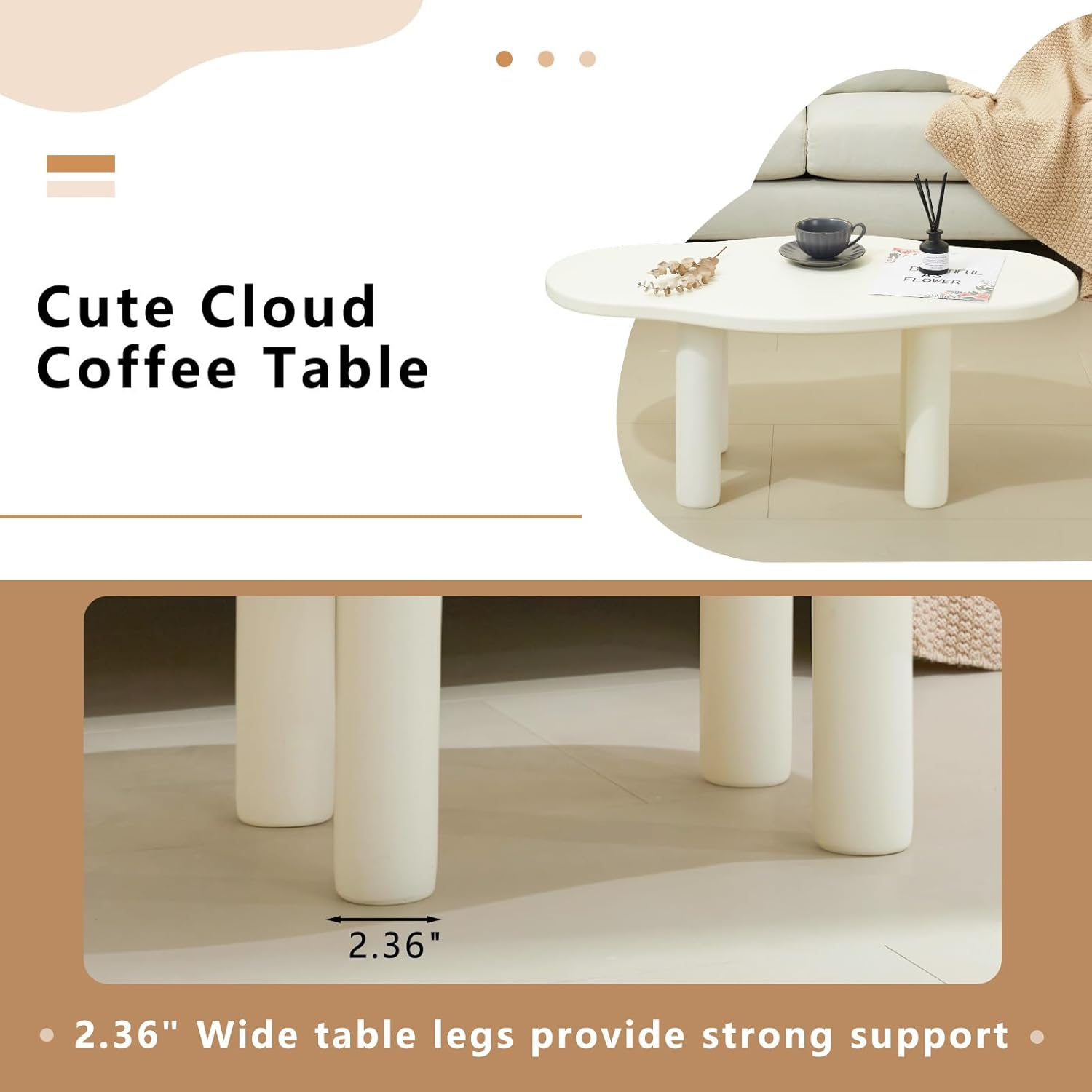 Cloud Coffee Table - Irregular Shape With 4 Legs - Modern End Table for Living Room, Apartment, Bedroom - Easy Assembly - White