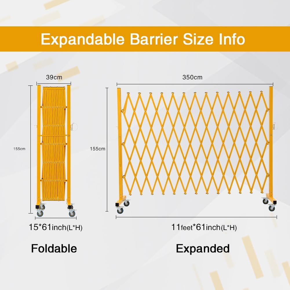 GYMTIME Expandable Barricade, Metal Safety Barrier with Casters, Mobile Folding Security Gate, 11 FT, Adjustable Traffic Temporary Fence for Warehouse Shopping Mall