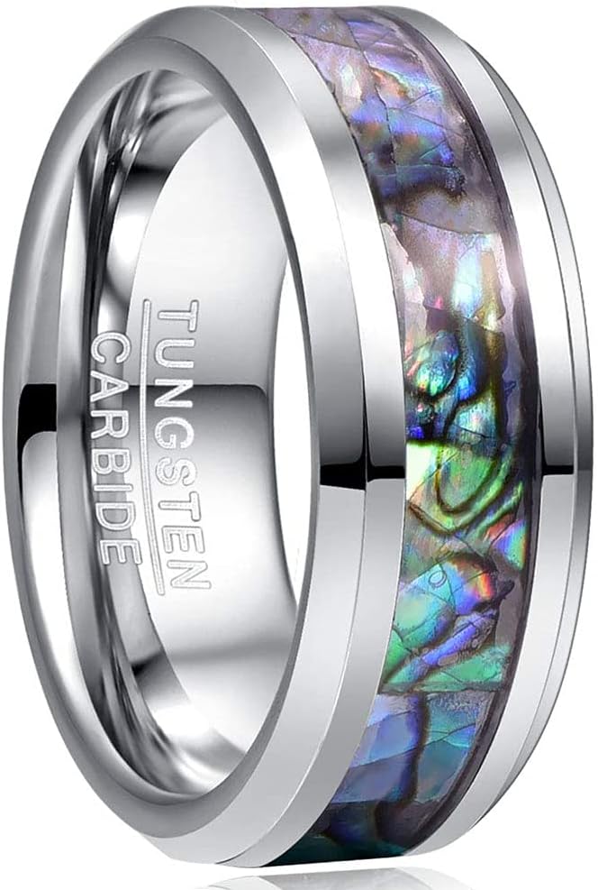 Vakki 8mm Tungsten Wedding Ring for Women Natural Abalone Shell/Mother of Pearl/Lapis Lazuli Inlay Promise Ring Beveled Edge Comfort Fit Size 6-14