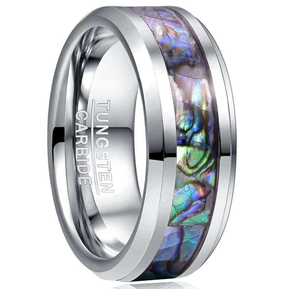 Vakki 8mm Tungsten Wedding Ring for Women Natural Abalone Shell/Mother of Pearl/Lapis Lazuli Inlay Promise Ring Beveled Edge Comfort Fit Size 6-14