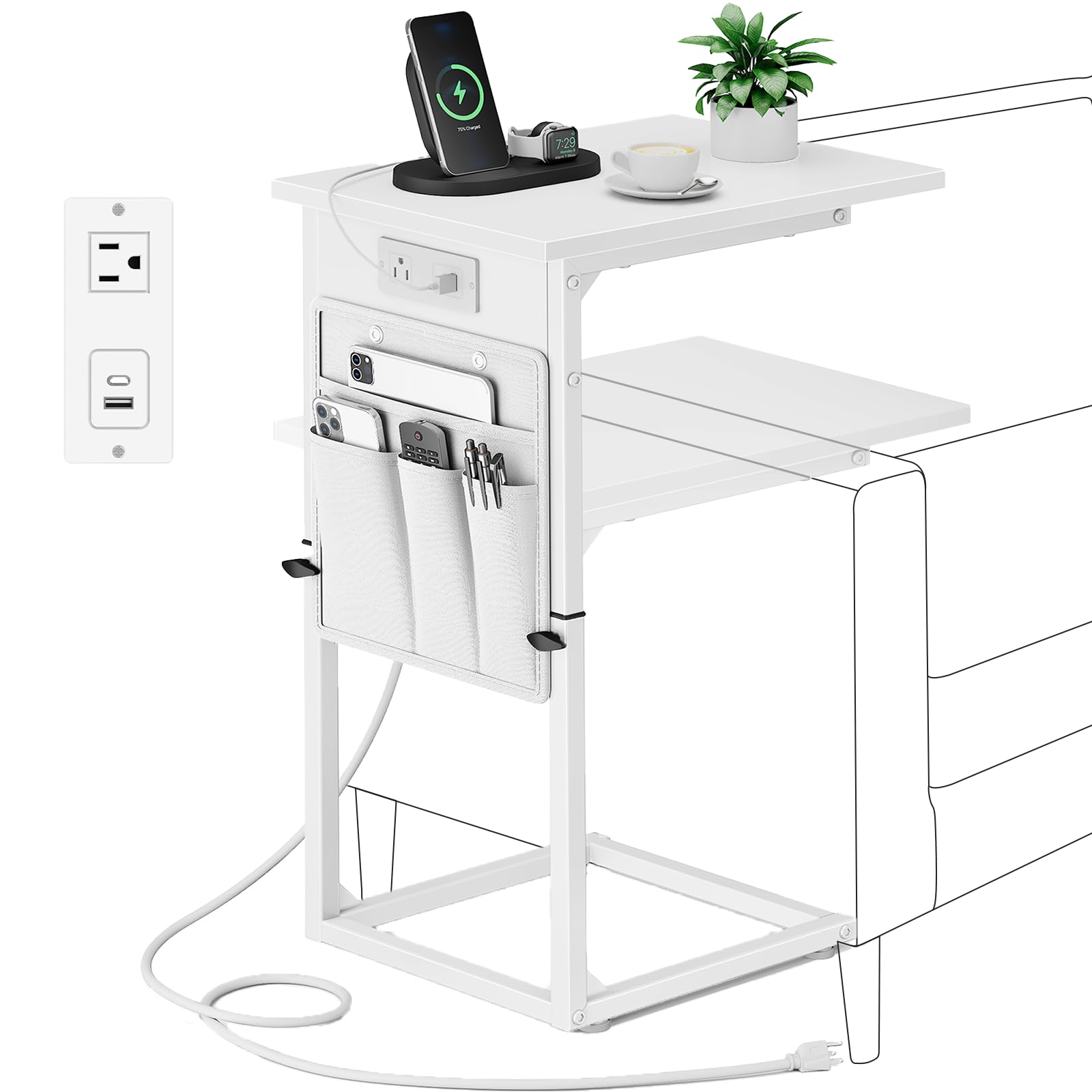 Vagusicc C Shaped End Table with Charging Station, Adjustable Height Side Table for Couch, Small Sofa Table with Storage Bag, Slide Under Sofa TV Tray Snack Arm Tables for Living Room, Bedroom, Brown