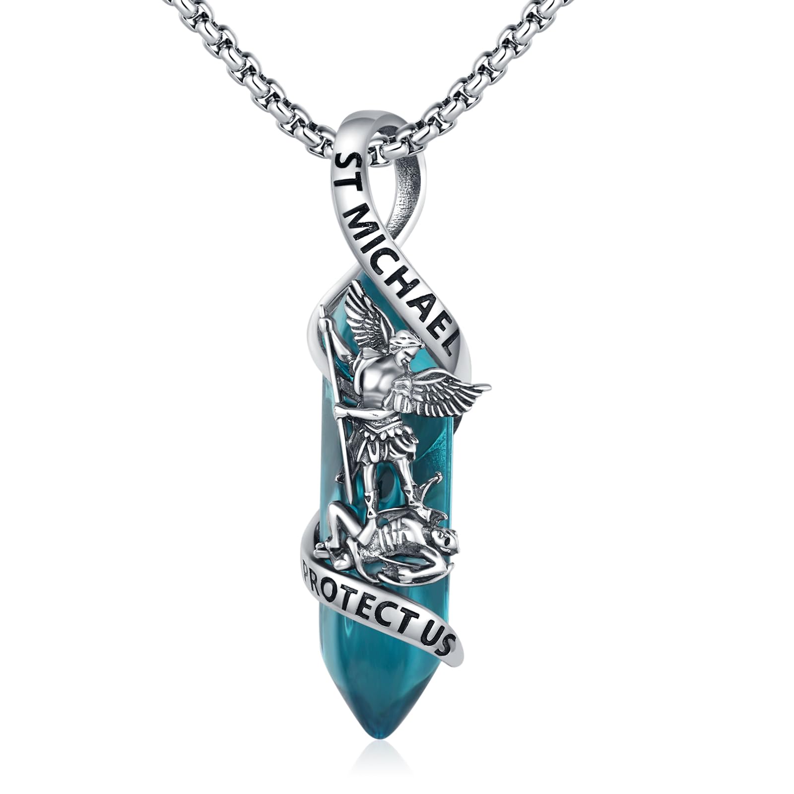 St Michael Necklace 925 Sterling Silver Archangel Michael Pendant Healing Crystal Point Saint Michael Necklace Amulet Protection Catholic Jewelry for Men Women
