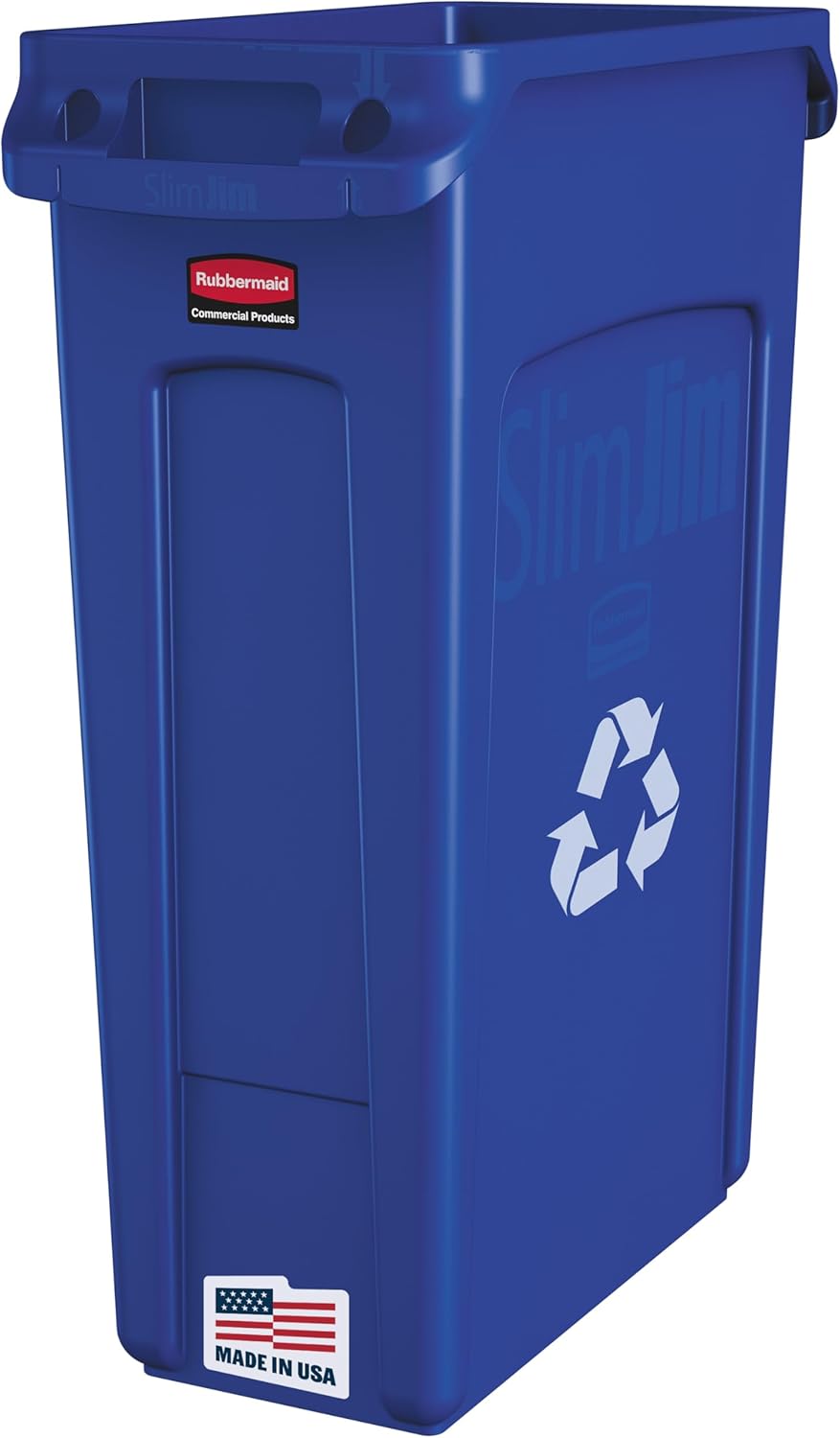 Rubbermaid Commercial Products Slim Jim Plastic Rectangular Recycling Bin/Trash Can with Venting Channels 23 Gal Blue for Kitchens/Classrooms/Offices/Back of House
