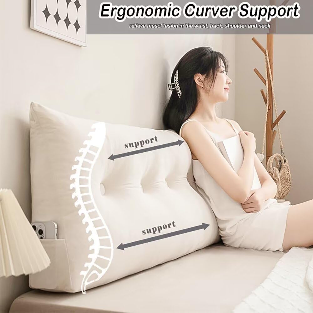cnsmak Triangular Wedge Headboard Pillows Twin XL Dorm Headboard Pillow Long Backrest Positioning Support Reading Bolster Pillow with Side Pockets Wedge Pillow College Dorm Room Essentials