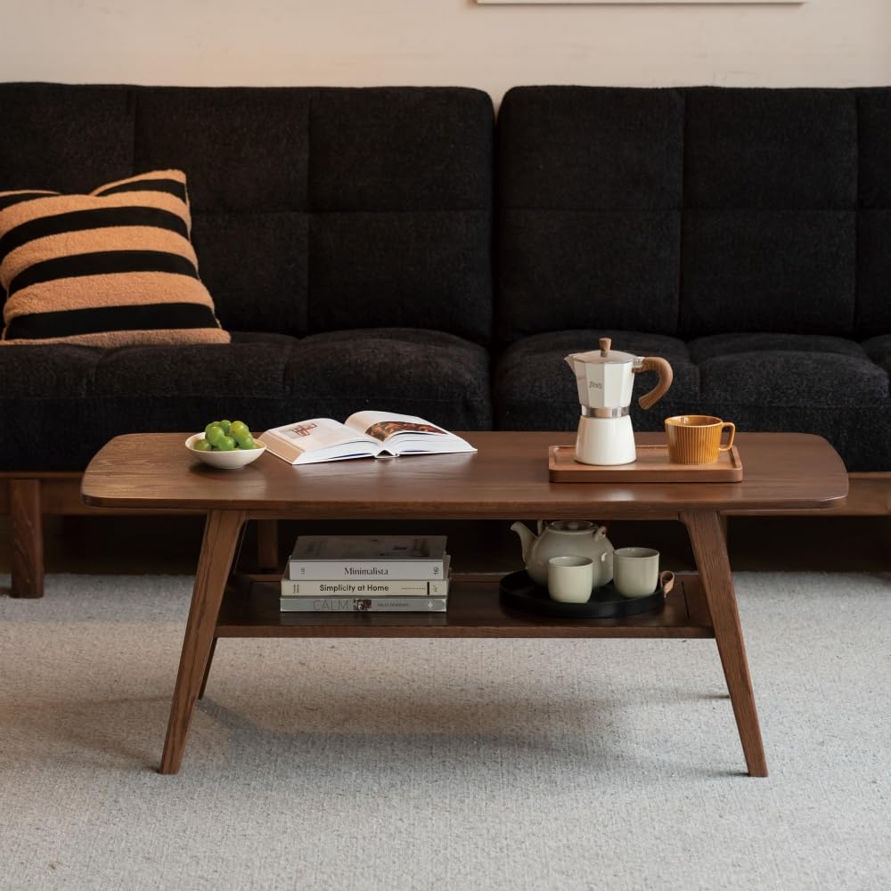 100% Solid Wood Coffee Table for Living Room, 31.5" Small Tables with Shelf Storage, Mid Century Modern Storage Coffee Table with Rounded Corners (Oak Wood Walnut Color)