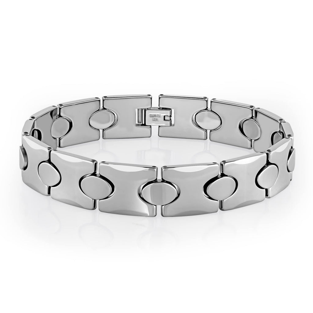 Urban Jewelry Stunning Solid Tungsten Link Bracelet for Men Polished Link, Puzzle, Ceramic Style (Silver, Black, 18K Gold Plated Option)