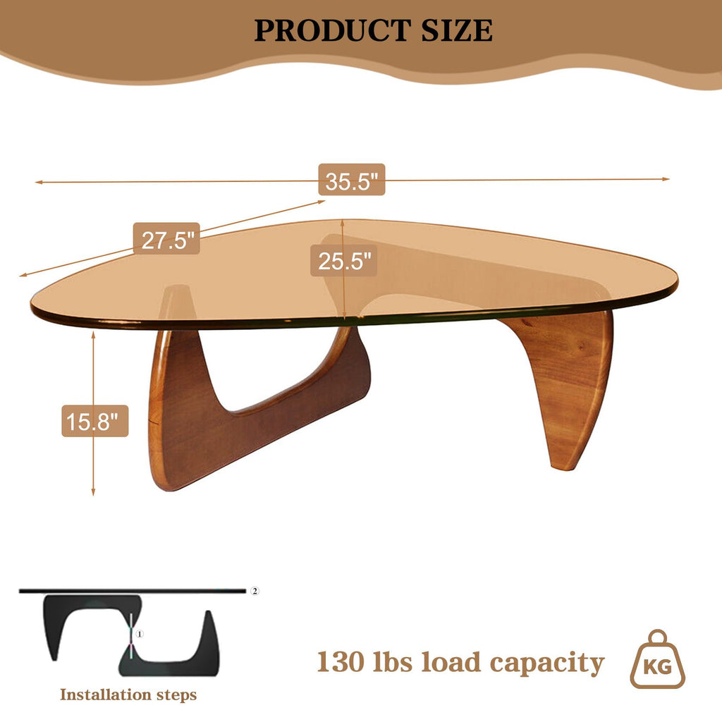 Modern Glass Coffee Table, 32.3″D×25.6″W×15.8″H-Abstract Unique Mid Century Triangle Center Table for Living Room, Minimalist Middle Tables for Home Office, Wooden Base