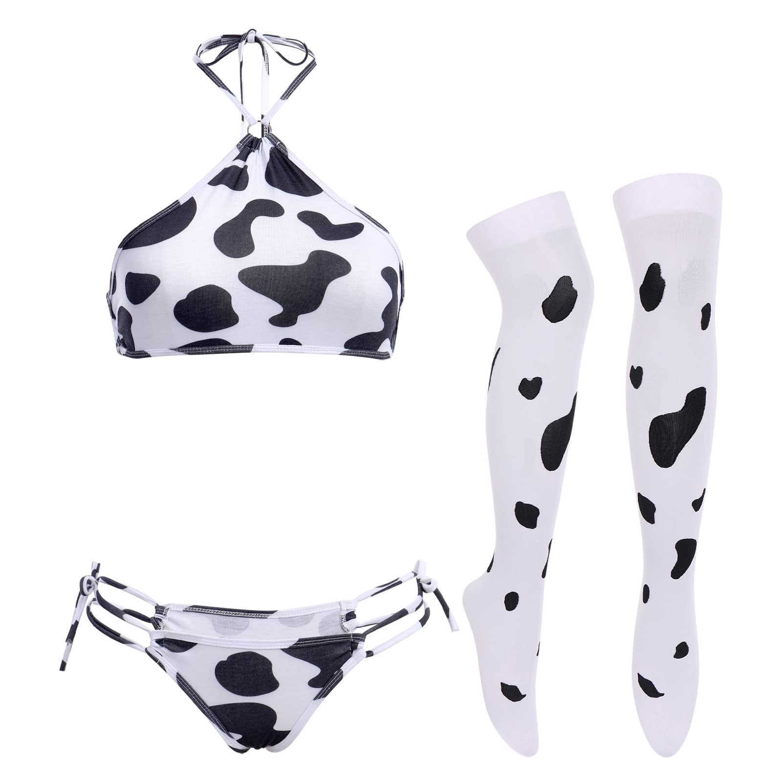 FYMNSI Women Sexy Milk Cow Lingerie Set Anime Maid Cosplay Costume Mini Bikini Bra Bodysuit with Bell Choker Stockings Outfit