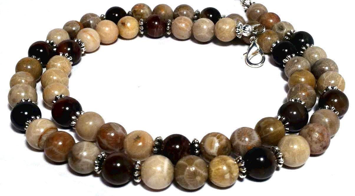 Brown coral necklace. Petoskey stone, agatized coral, fossil coral, petrified wood. Natural gemstone bead necklace. Handcrafted in Washington State.