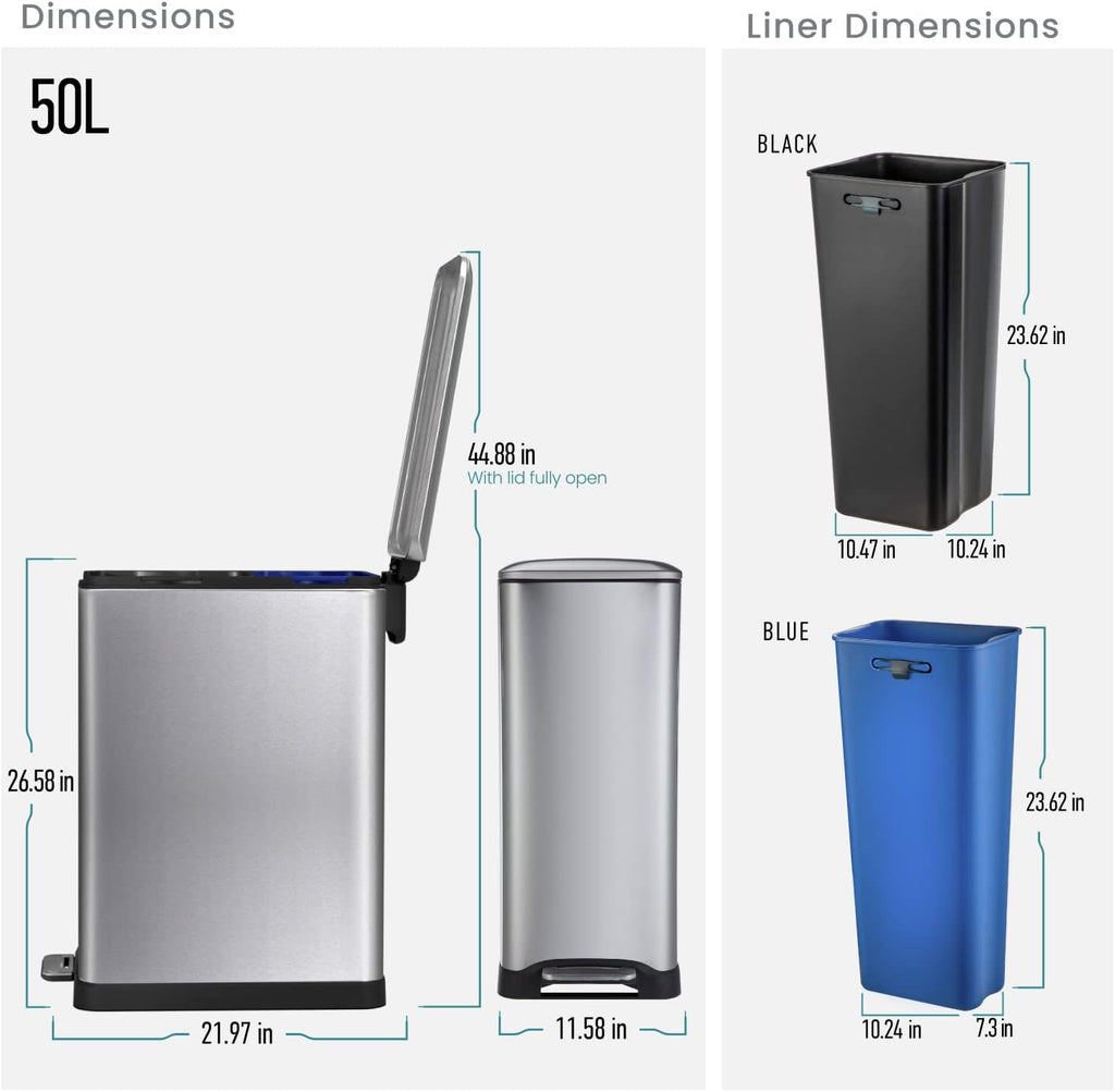 Home Zone Living 13 Gallon Slim Kitchen Trash Can with Dual Compartments for Trash and Recycling, Soft Close Lid, Step Pedal, Stainless Steel, Silver, Gen 1