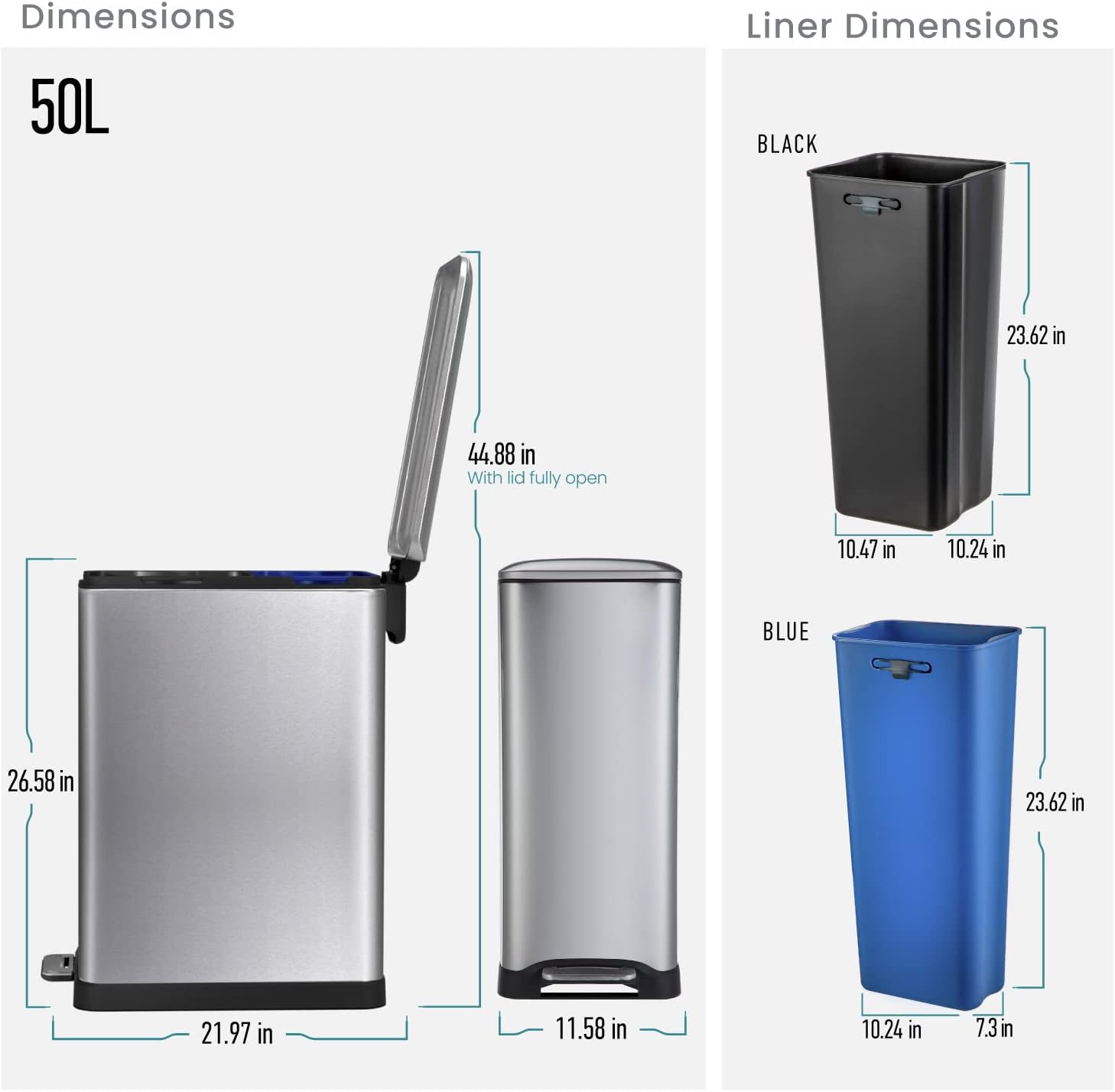 Home Zone Living 13 Gallon Slim Kitchen Trash Can with Dual Compartments for Trash and Recycling, Soft Close Lid, Step Pedal, Stainless Steel, Silver, Gen 1