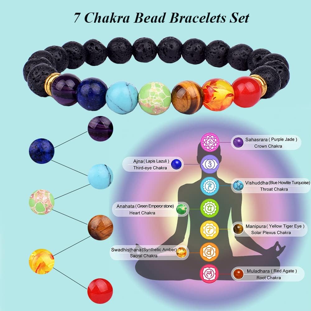 14 Pcs Lava Rock 7 Chakra Energy Oil Diffuser Bracelet Set for Women Men Unisex Elastic 8mm Stone Yoga Beaded Bracelets Jewelry With Lucky Healing
